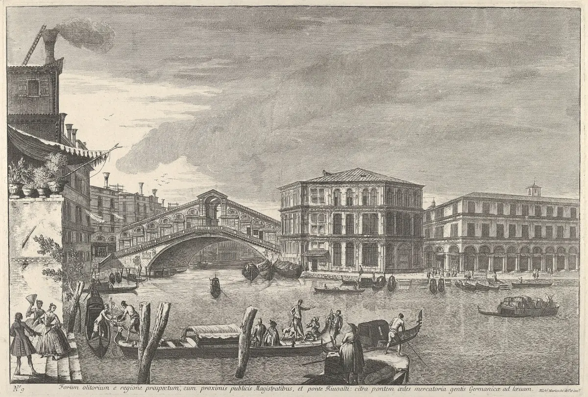 Historic print of the bridge and market at Rialto by Michele Marieschi