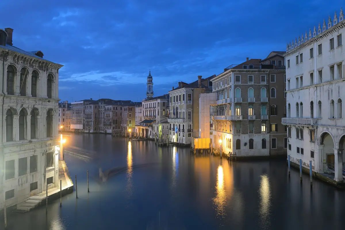 View from the Rialto Bridge along the Grand Canal at dusk